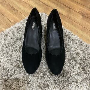 Vaneli black suede scalloped wedges